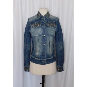 PARASUCO Embellished Distressed Denim Jacket Rhinestones Studded Pockets X-Small